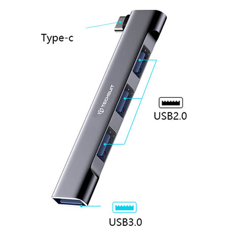 Hub/Dock Techsuit Docking Station ZenithDock 4 in 1 (H13), USB-C to 3x USB 2.0, 1x USB 3.0, Gri