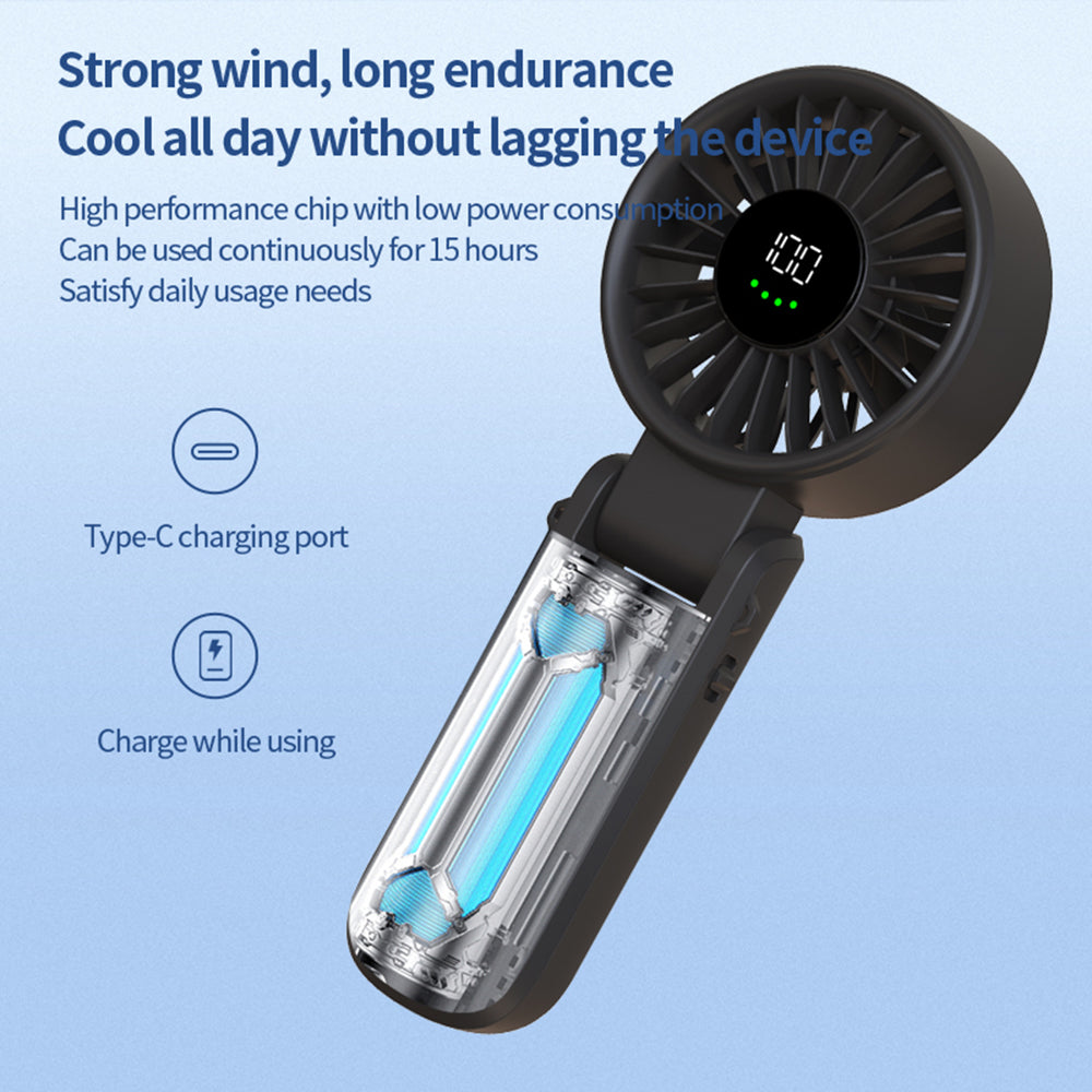 Techsuit Premium Mini Hand Fan (A10), with LED Digital Display, USB-C Rechargeable, 100 Wind Speeds, 5400RPM, Alb