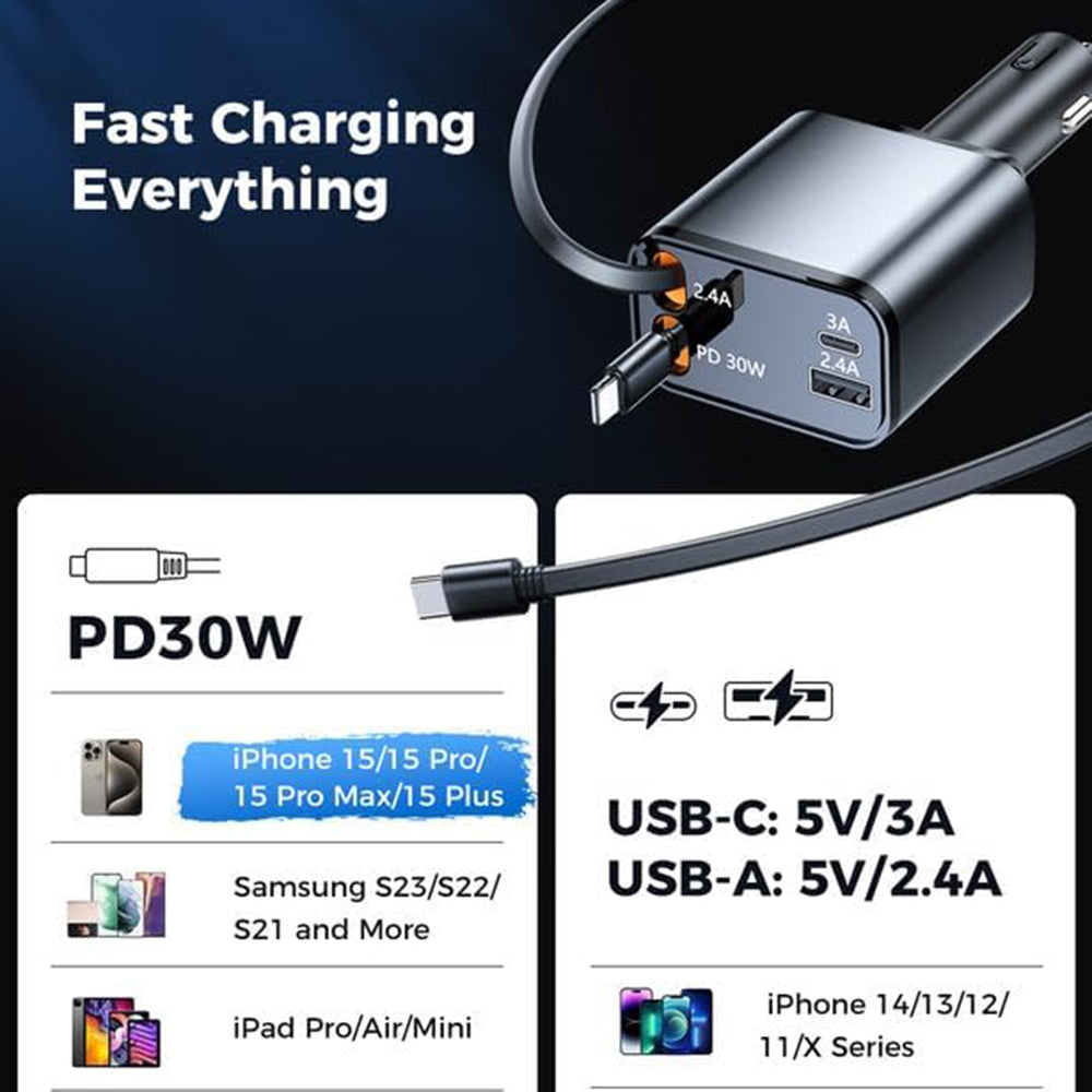 Incarcator Techsuit Premium Car NanoVoltX (C1), with Retractable USB-C, Lightning Cables, USB 2.4A, PD30W, 69W, 180°, Gri