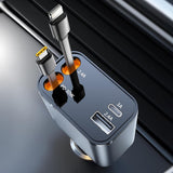 Incarcator Techsuit Premium Car NanoVoltX (C1), with Retractable USB-C, Lightning Cables, USB 2.4A, PD30W, 69W, 180°, Gri