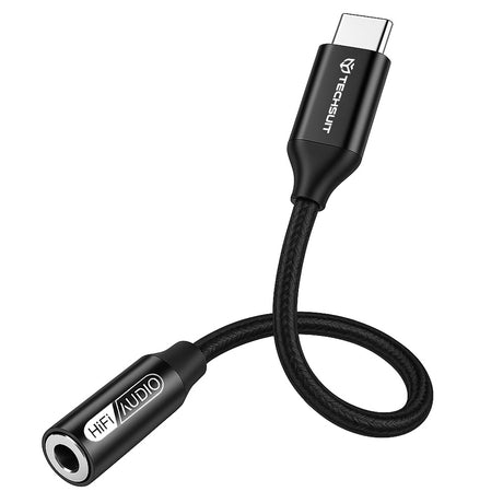 Adaptor Techsuit Premium Cable Adapter FuseXound (AC13), Type-C to 3.5mm Jack, Hi-Fi Quality, DAC Chip, 3A, 48kHz, 0.1m, Negru