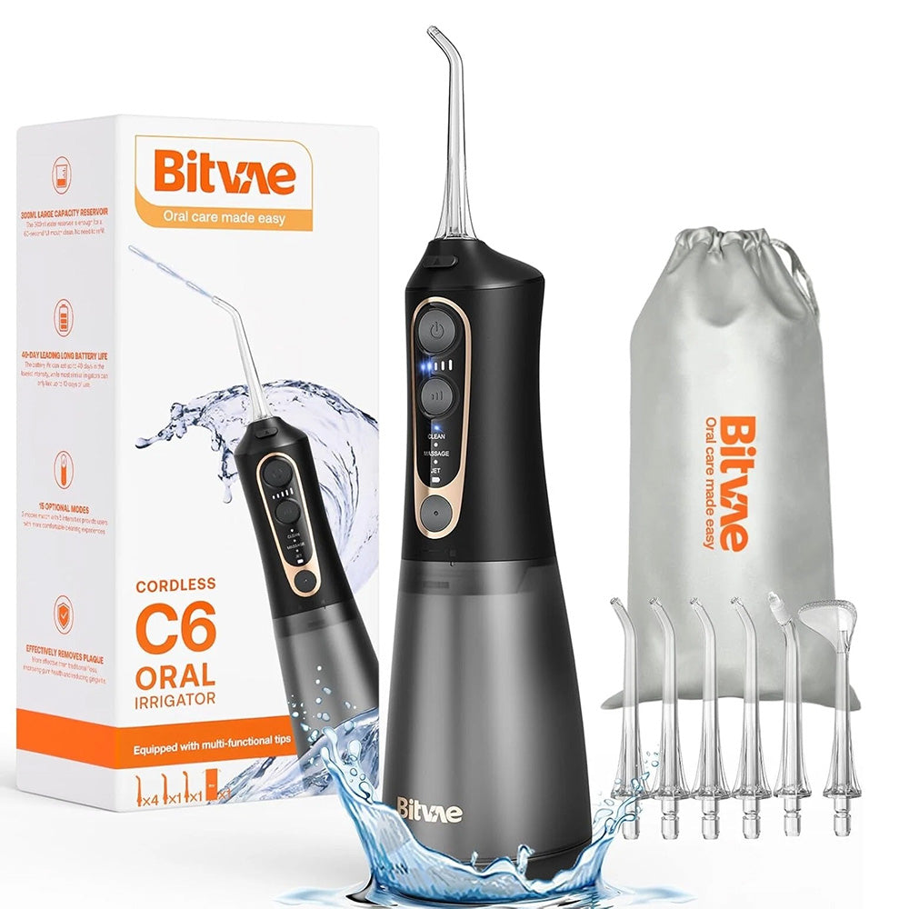 Bitvae Water Flosser (C6), Larger 300ml Size, with 6 Jet Tips, 3 Modes, 5 Intensities, Rechargeable, Negru / Gold