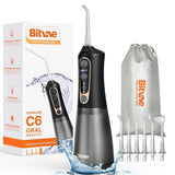 Bitvae Water Flosser (C6), Larger 300ml Size, with 6 Jet Tips, 3 Modes, 5 Intensities, Rechargeable, Negru / Gold