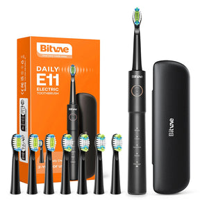 Bitvae Electric Toothbrush (E11), Ultrasonic, 8 Heads, Travel Case, White/Clean/Sensitive/Polish/Massage Modes, Negru