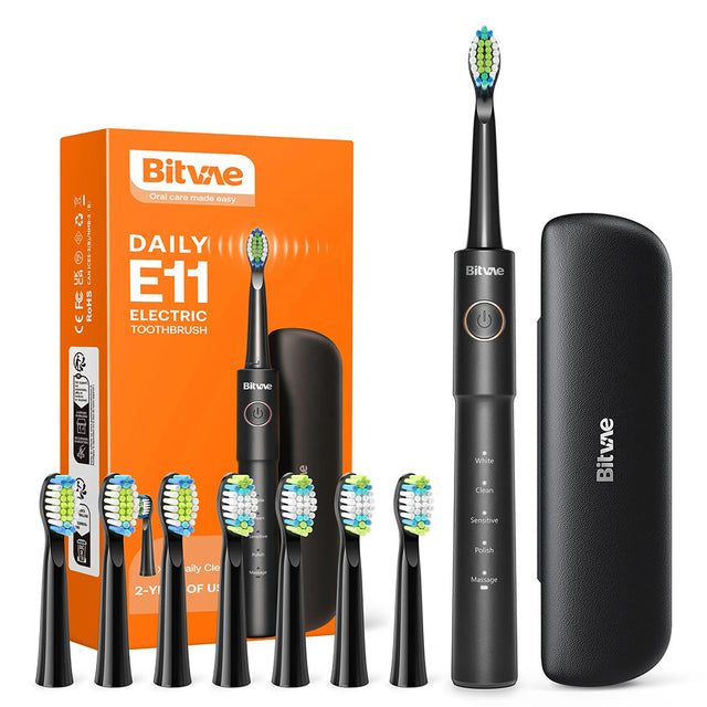 Bitvae Electric Toothbrush (E11), Ultrasonic, 8 Heads, Travel Case, White/Clean/Sensitive/Polish/Massage Modes, Negru