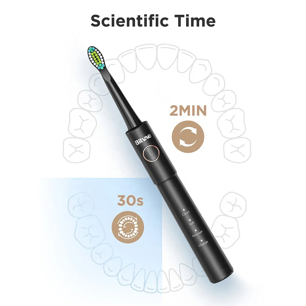 Bitvae Electric Toothbrush (E11), Ultrasonic, 8 Heads, Travel Case, White/Clean/Sensitive/Polish/Massage Modes, Negru