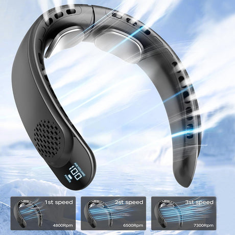 Techsuit Neck Fan (S8), Portable, with Digital Display, 3 Wind Speeds, 4000mAh, 7300RPM, Negru