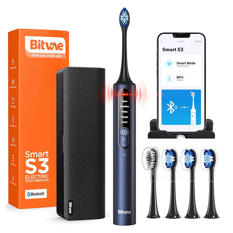 Bitvae Electric Toothbrush (BVS3 Smart), Sonic, 4 Heads with Cover, Case, 5Modes, Timer, Pressure Sensor, App, Night Blue