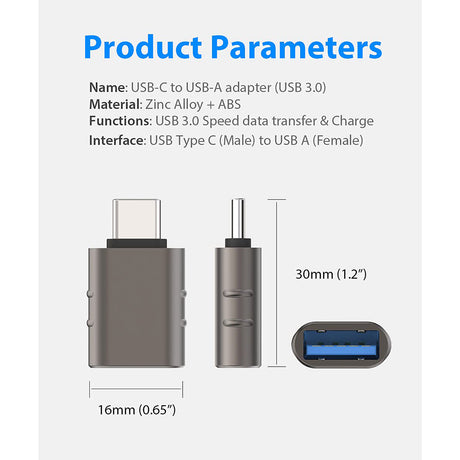 Adaptor Techsuit Premium OTG Adapter SlateVolt (A10), USB 3.0 to Type-C, 5Gbps, 3A, Zinc Alloy, Support for Thunderbolt 3, Gri