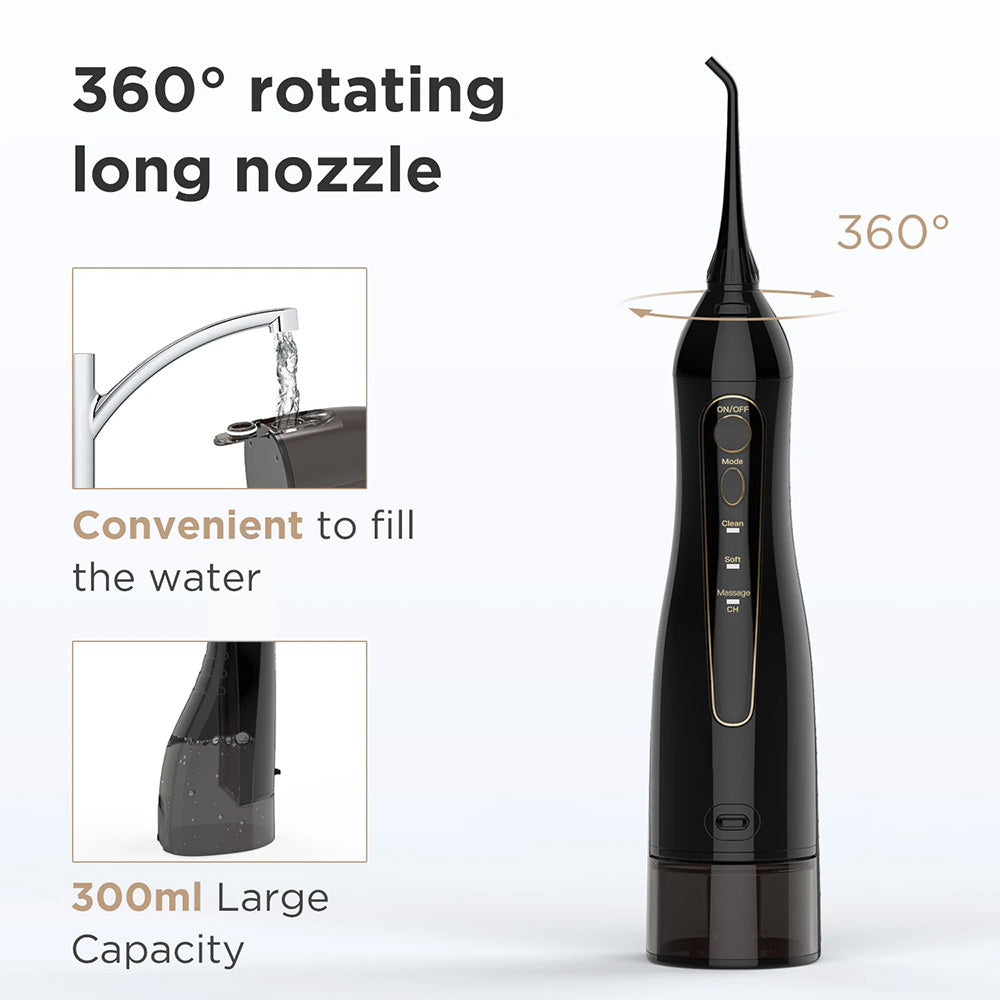 Bitvae Water Flosser (BV5020E), with 4x Standard, 1x Periodontal, 1x Orthodontic, 1x Tongue Nozzel, 300ml, 3 Modes, Negru