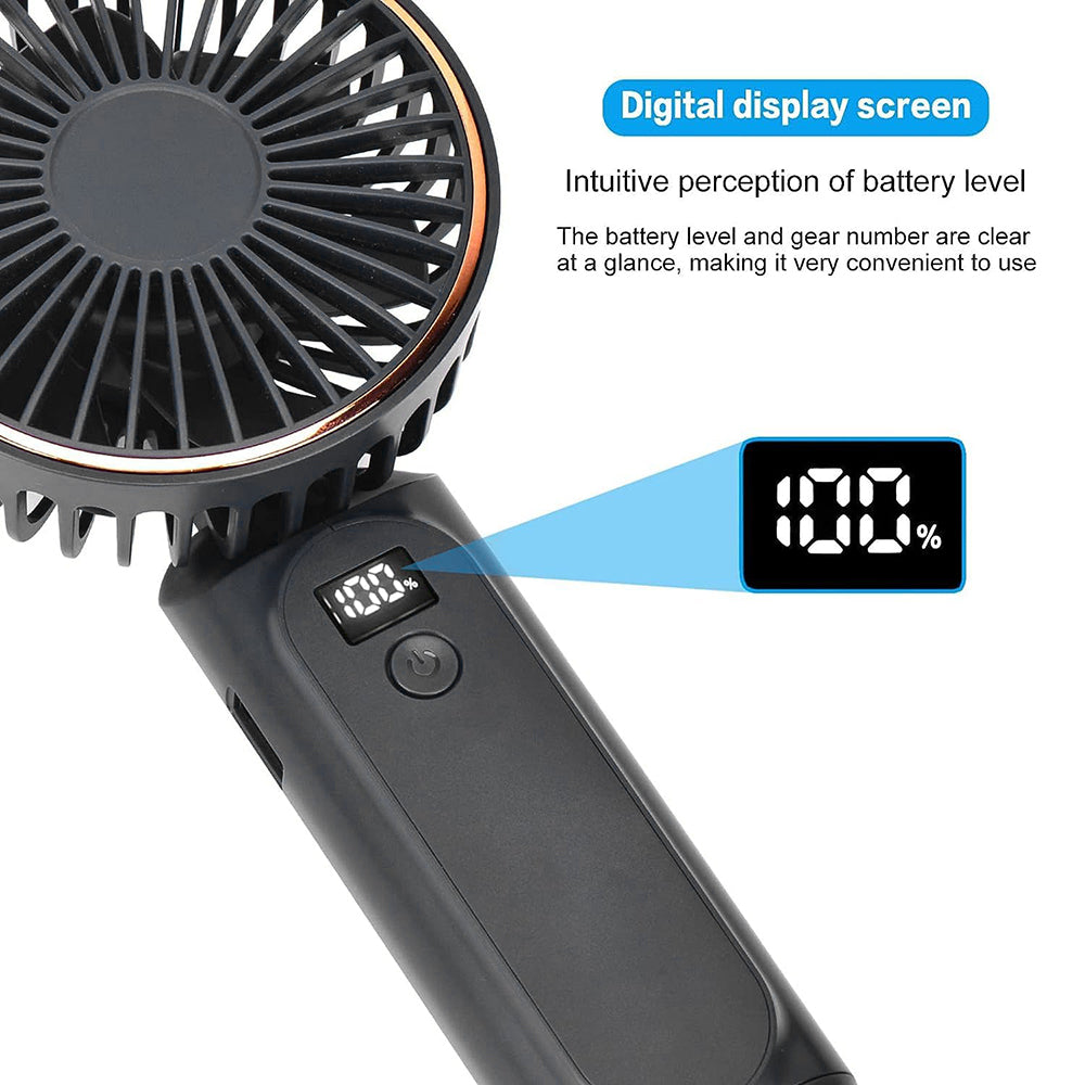 Techsuit Premium Mini Hand Fan (M12), with LED Digital Display, USB-C Rechargeable, 6 Wind Speeds, 5000mAh, Negru