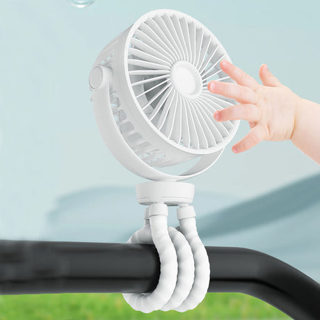 Techsuit Baby Stroller Fan (VP1), Portable, Four Speeds, 360° Flexible Tripod Clip, 4000mAh, Alb