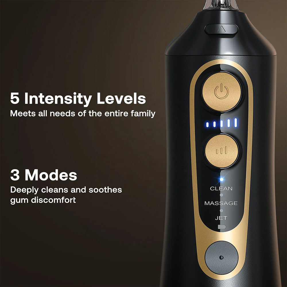 Bitvae Water Flosser (C6), Larger 300ml Size, with 6 Jet Tips, 3 Modes, 5 Intensities, Rechargeable, Negru / Gold