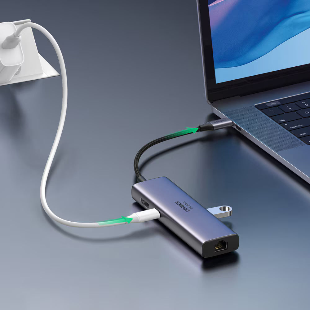 Hub/Dock Ugreen Docking Station CM512 (60515), Type-C to 2x USB, HDMI 4K, Type-C 100W, Ethernet 1Gbps, Card Reader SD, 0.2m, Gri