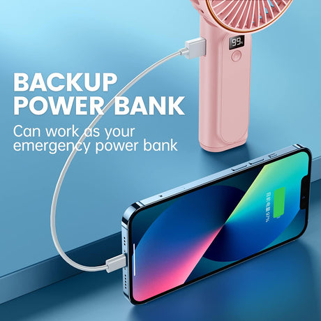 Techsuit Premium Mini Hand Fan (M12), with LED Digital Display, USB-C Rechargeable, 6 Wind Speeds, 5000mAh, Roz