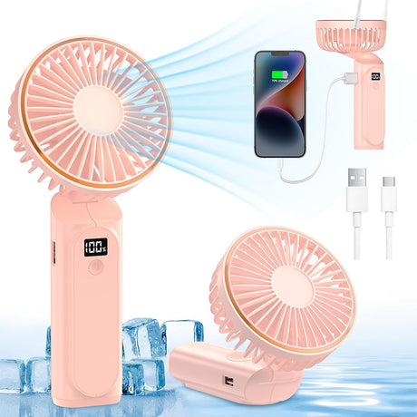 Techsuit Premium Mini Hand Fan (M12), with LED Digital Display, USB-C Rechargeable, 6 Wind Speeds, 5000mAh, Roz