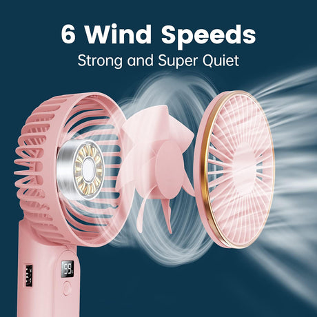 Techsuit Premium Mini Hand Fan (M12), with LED Digital Display, USB-C Rechargeable, 6 Wind Speeds, 5000mAh, Roz