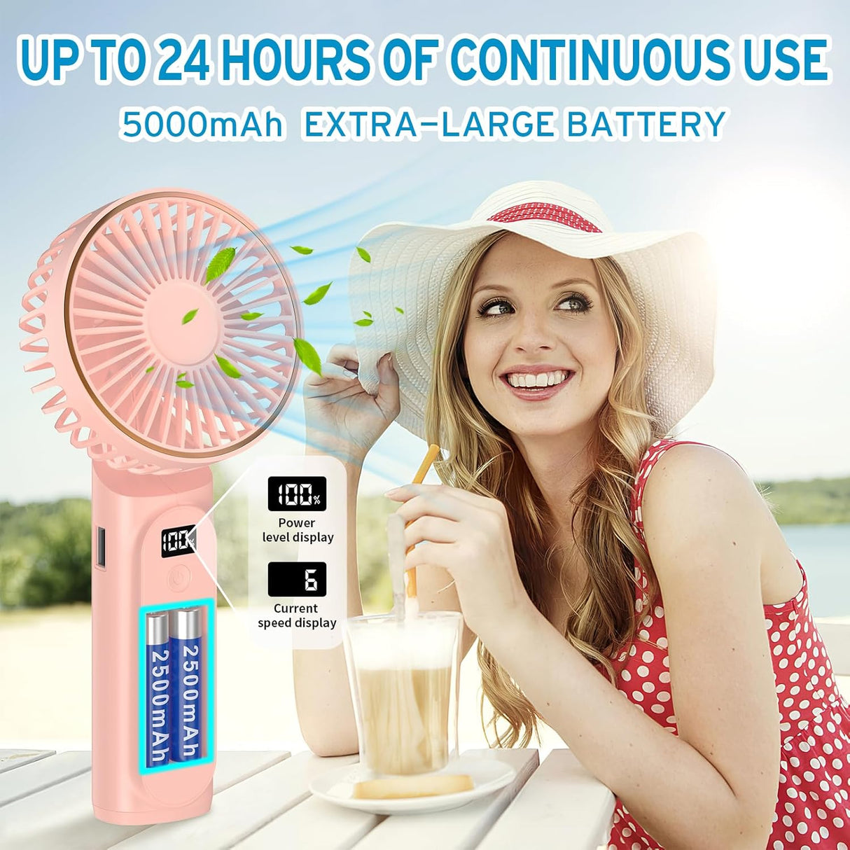 Techsuit Premium Mini Hand Fan (M12), with LED Digital Display, USB-C Rechargeable, 6 Wind Speeds, 5000mAh, Alb