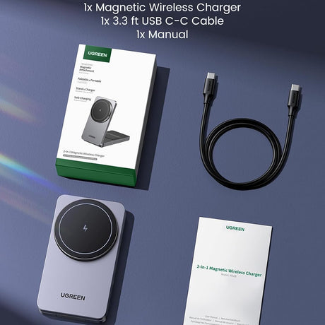 Incarcator Ugreen Wireless W528 (45056), 2in1, MagSafe, for iPhone, AirPods, Compact Foldable Design, 15W, 3A, Negru