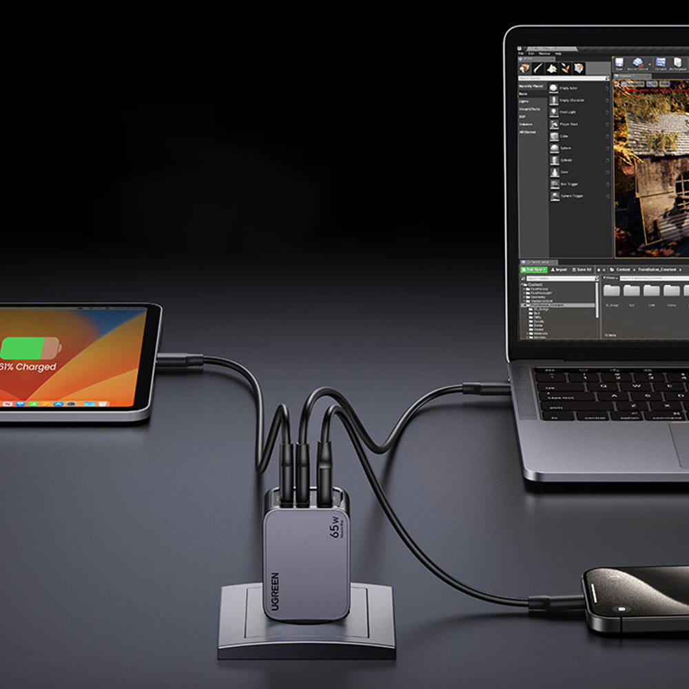 Incarcator Ugreen Nexode Pro X755 (25871), GaN, Fast Charging, USB, 2x Type-C, 65W, 3A, PD3.0, QC4.0, with Cable, Gri