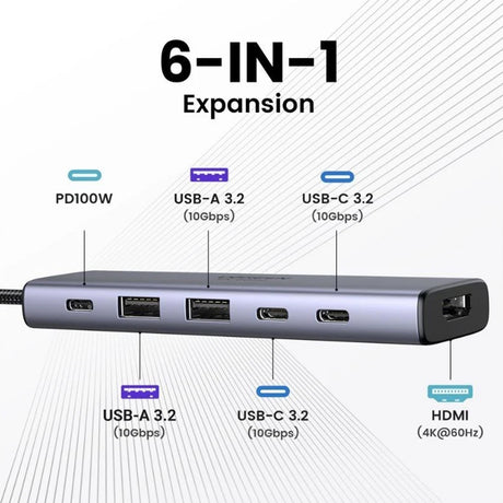 Hub/Dock Ugreen Docking Station CM511 (35999), Type-C to 2x USB3.2, 1x HDMI 4K@60Hz, 3x Type-C, PD100W, 10Gbps, Gri