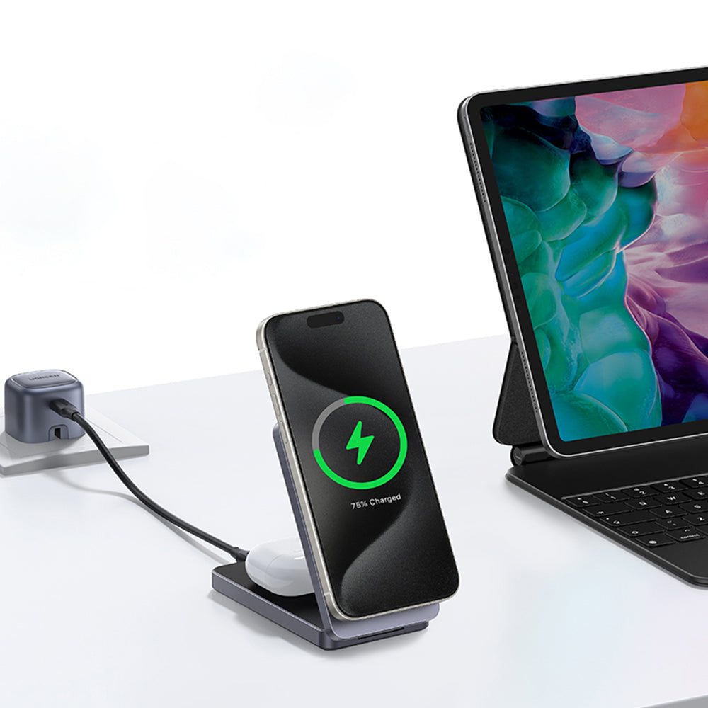 Incarcator Ugreen Wireless W706 (45057), MagSafe, 2in1, for iPhone, AirPods, USB-C Cable, 20W, 3A, Qi2, MPP, 1m, Alb