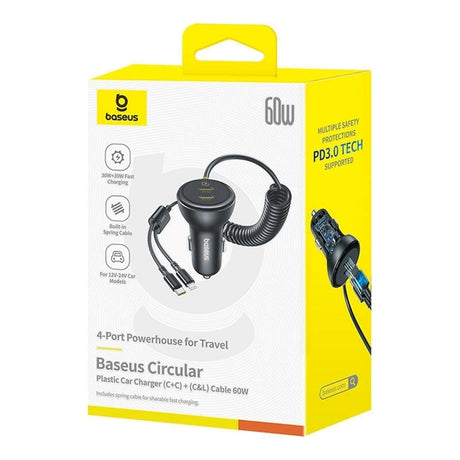 Incarcator Baseus Car (C00035902121-00), 2x USB-C, Fast Charge with USB-C, Lightning Spring Cable, 60W, 3A, 1.4m, Negru