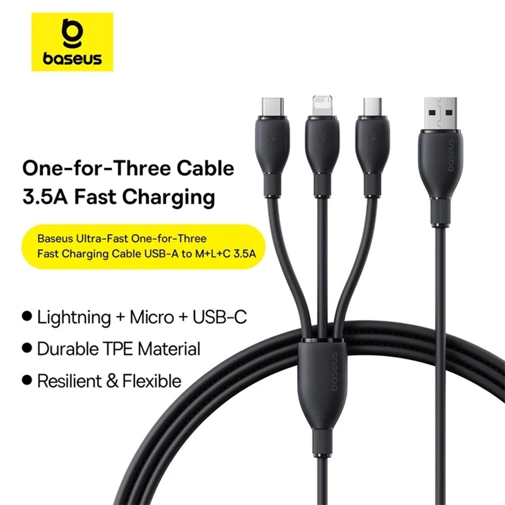 Cablu Baseus Ultra-Fast (P10376303121-00), Fast Charging, USB to Micro-USB, Lightning, USB-C, 3.5A, 1.3m, Negru