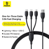 Cablu Baseus Ultra-Fast (P10376303121-00), Fast Charging, USB to Micro-USB, Lightning, USB-C, 3.5A, 1.3m, Negru