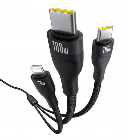 Cablu Baseus Flash Series 3 (P10377502111-00), Fast Charge, USB-C to 2x USB-C, Lightning, 100W, 480Mbps, 1.5m, Negru
