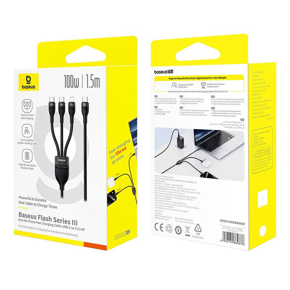 Cablu Baseus Flash Series 3 (P10377502111-00), Fast Charge, USB-C to 2x USB-C, Lightning, 100W, 480Mbps, 1.5m, Negru