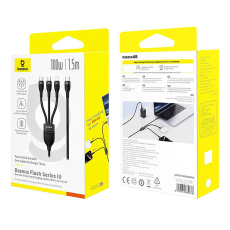 Cablu Baseus Flash Series 3 (P10377502111-00), Fast Charge, USB-C to 2x USB-C, Lightning, 100W, 480Mbps, 1.5m, Negru