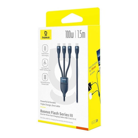 Cablu Baseus Flash Series 3 (P10377503321-00), Fast Charge, USB-C to 3x Type-C, 3in1, PD100W, 480Mbps, 1.5m, Albastru
