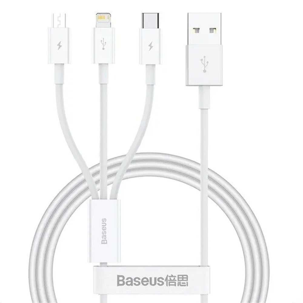 Cablu Baseus (P10377705213-00), Fast Charge, USB to USB-C, Lightning, Micro-USB, 100W, 480Mbps, 1.5m, Alb