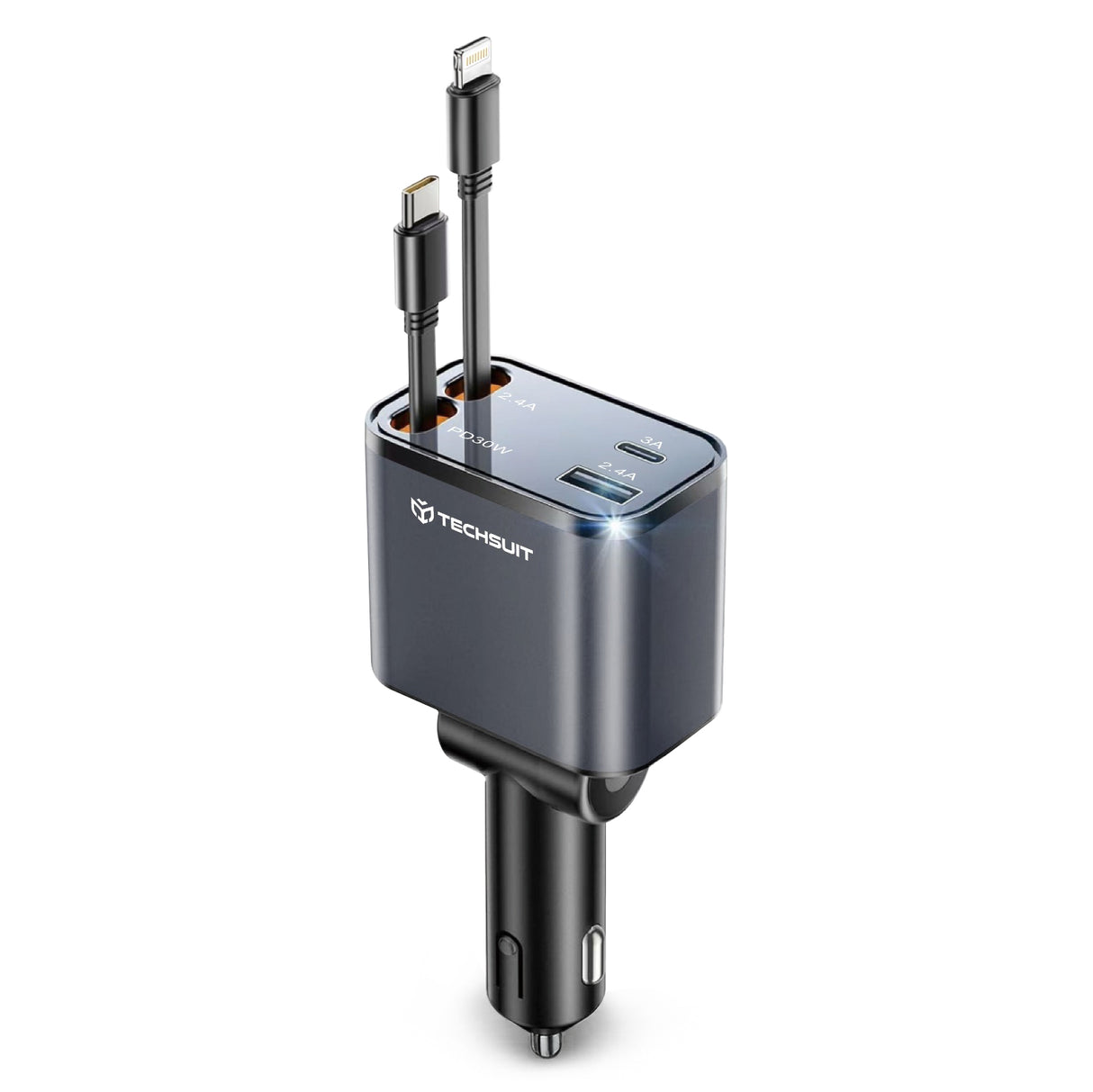 Incarcator Techsuit Premium Car NanoVoltX (C1), with Retractable USB-C, Lightning Cables, USB 2.4A, PD30W, 69W, 180°, Gri
