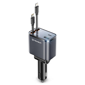 Incarcator Techsuit Premium Car NanoVoltX (C1), with Retractable USB-C, Lightning Cables, USB 2.4A, PD30W, 69W, 180°, Gri