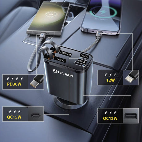 Incarcator Techsuit Premium Car NanoVoltX (C1), with Retractable USB-C, Lightning Cables, USB 2.4A, PD30W, 69W, 180°, Gri