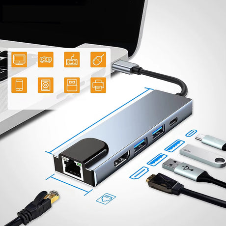 Hub/Dock Techsuit Docking Station NetBridge 5 in 1 (H1), Type-C to 1x USB2.0, 1x USB3.0, 1x Type-C, 1x HDMI, 1x RJ45, PD87W, 4K@30Hz, Gri