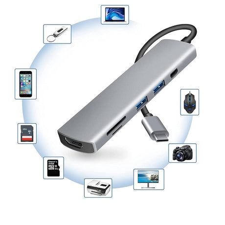 Hub/Dock Techsuit Docking Station TurboChargeX 6 in 1 (H5), Type-C to 2x USB, Type-C, HDMI, TF/SD Card, PD100W, 4K@30Hz, Gri