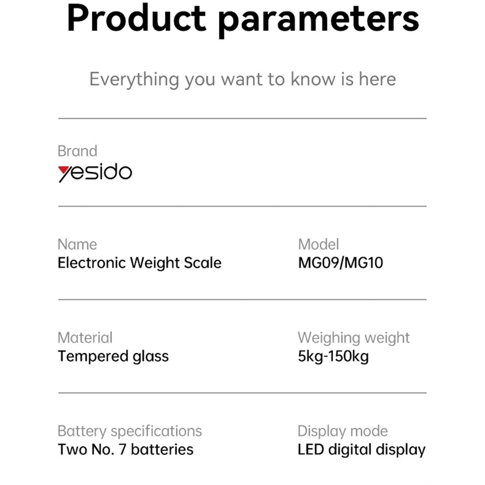 Gadget Yesido Digital Scale Body Weight (MG09), LED Display, Tempered Glass, 5-150kg, Negru