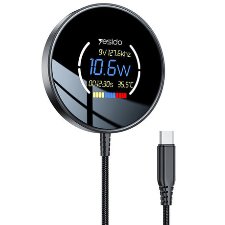 Incarcator Yesido Wireless Charging Station (DS28), Magnetic Grip, Digital Display, Fast Charging, 15W, Type-C Cable, 1.2m, Negru