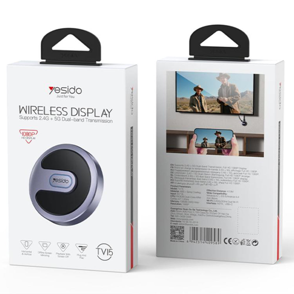 Adaptor Yesido Screen Mirroring Dongle (TV15), Dual WiFi 2.4GHz/5GHz, HDTV, 1080P, 5V/1A, Gri