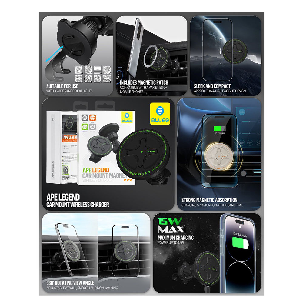 Suport Blueo with Wireless Charging Ape Legend, for Air Vent, Type-C, 15W, 360 Rotation, Negru