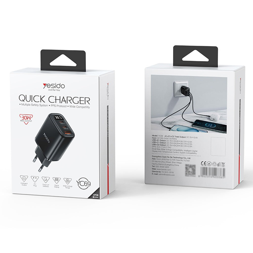Incarcator Yesido (YC69), with Digital Display, Fast Charge, for Phone, Tablet, Laptop, USB, 2x Type-C, 30W, Negru