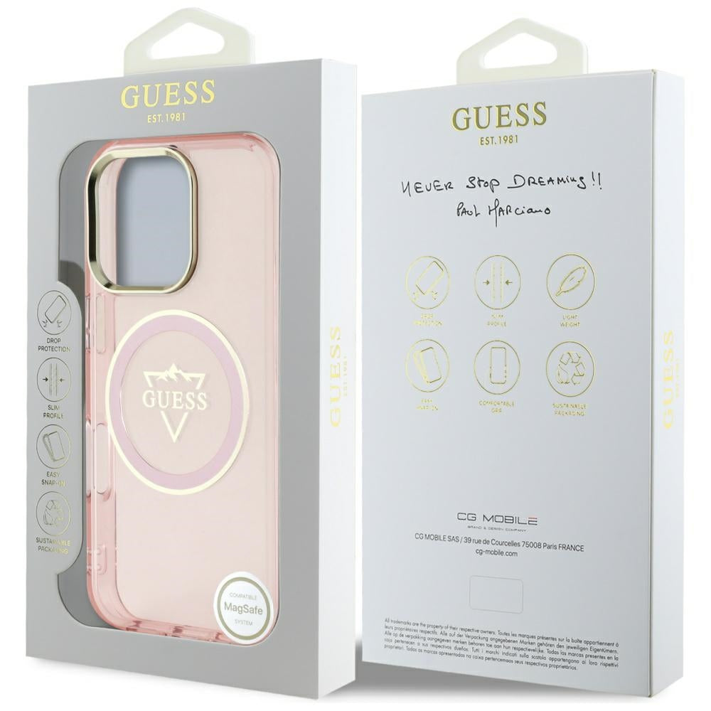 Husa de protectie Guess IML Metal Mountain Logo MagSafe (GUHMP16XHFGTMSLSP) compatibil cu iPhone 16 Pro Max, Roz
