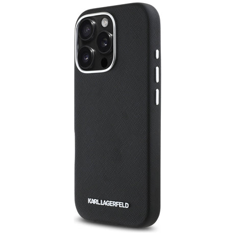 Husa de protectie Karl Lagerfeld Saffiano Full Wrapped Elongated Metal Logo MagSafe (KLHMP16LPSAFWMCK) compatibil cu iPhone 16 Pro, Negru