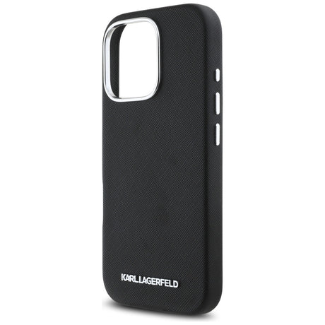 Husa de protectie Karl Lagerfeld Saffiano Full Wrapped Elongated Metal Logo MagSafe (KLHMP16LPSAFWMCK) compatibil cu iPhone 16 Pro, Negru