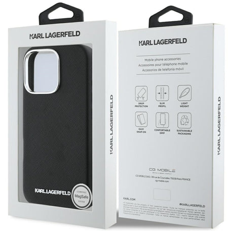 Husa de protectie Karl Lagerfeld Saffiano Full Wrapped Elongated Metal Logo MagSafe (KLHMP16XPSAFWMCK) compatibil cu iPhone 16 Pro Max, Negru