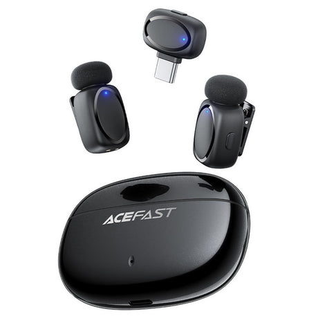Casti Acefast Wireless Lavalier Microphones (R2), Type-C, 360°, Noise Reduction, Dual-mic Rec, 300mAh, Ultra-low Latency, Negru