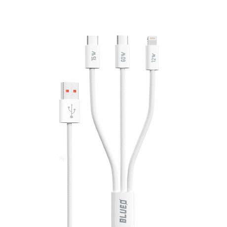 Cablu Blueo 3in1, USB to 2x Type-C, Lightning, Fast Charging, Nylon Braided, 60W, 1.2m, Alb